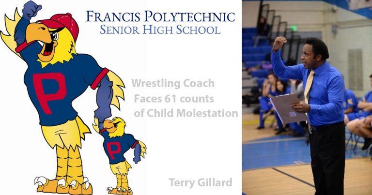 An image of alleged child molester Terry Gillard with the logos of Francis Polytechnic where the alleged abuse happened.